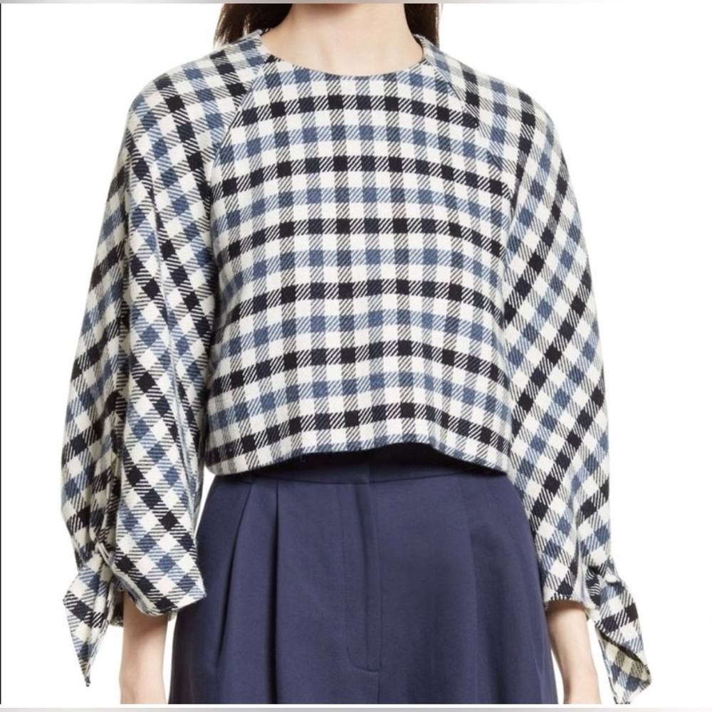 Tibi Fairfax Gingham Tie Sleeve Cropped Sweater